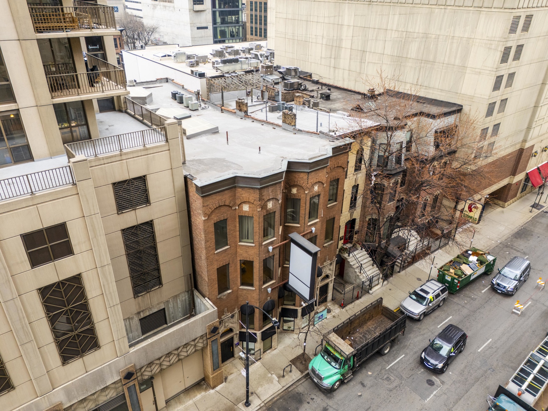 The classic red brick exterior of 20 W Ontario, photographed from above in River North.