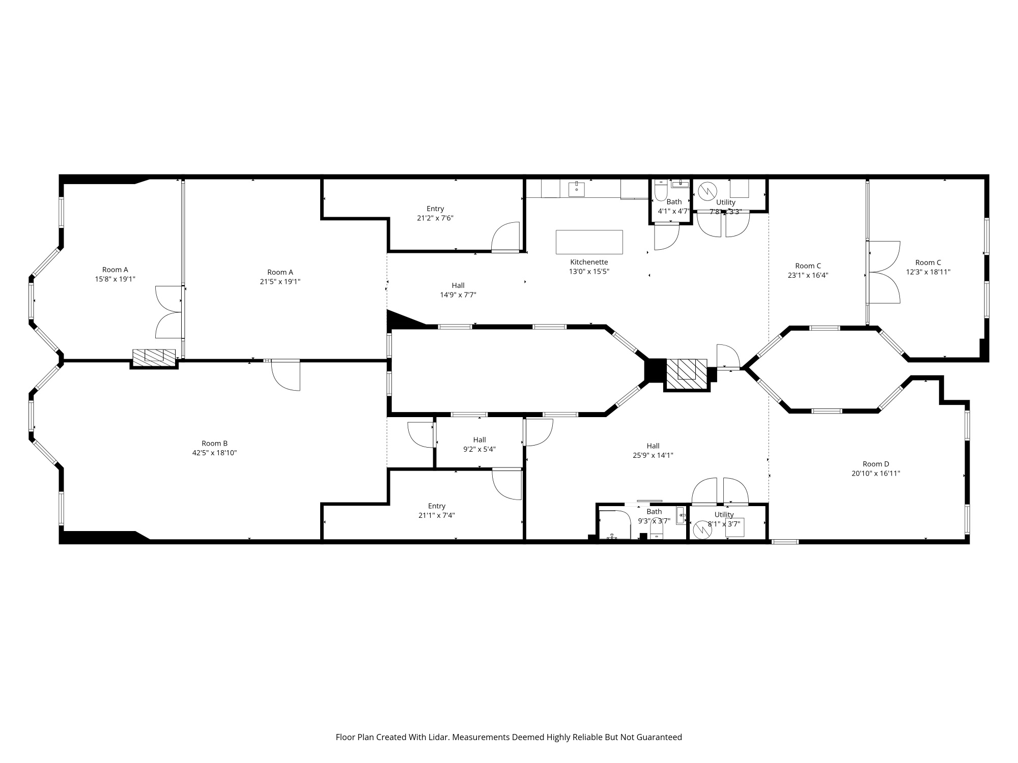 LIDAR-scanned floor plan of 22 W Ontario showing Loft A, Loft B, kitchenette, two bathrooms, two utility rooms, and corridor.